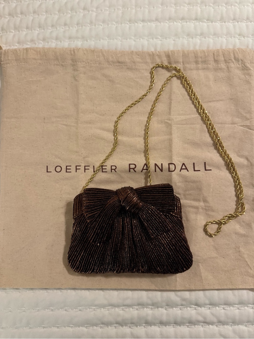 Loeffler Randall Dark Brown Pleated Bow Crossbody with Gold Chain